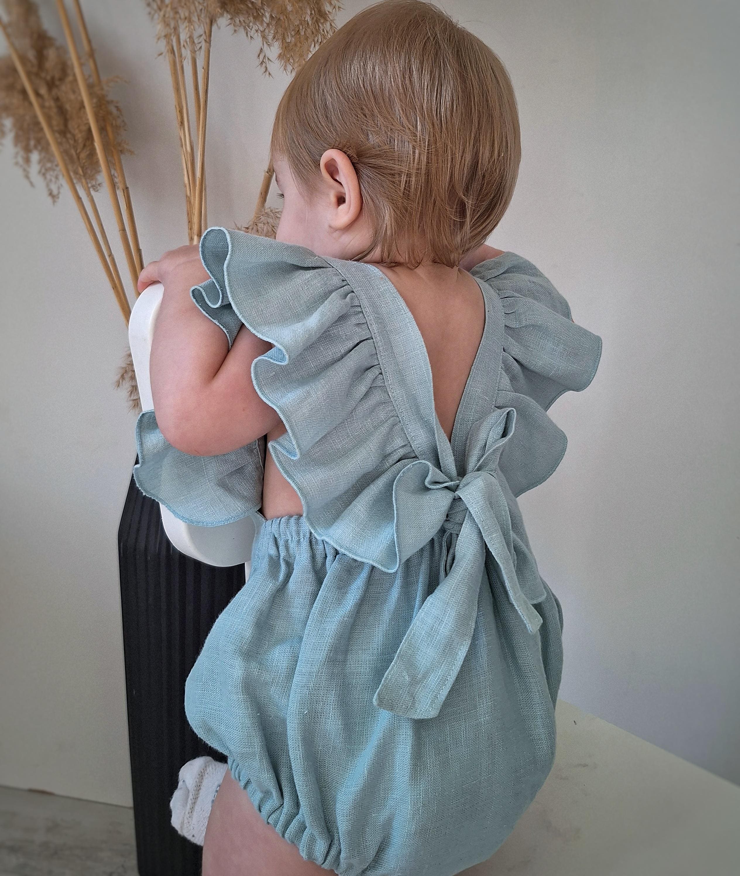Patina blue linen baby romper with ruffles First Birthday outfit Toddler photoshoot dress Handmade washed linen clothing
