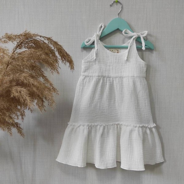 White baby muslin sundress. Double gauze summer dress for girl. Handmade kids dress from muslin.  Organic baby clothes, Toddler girl dresses