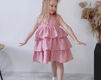 Pink rose flower girl dress, Birthday girl dress Linen baby dresses, Kids wedding outfit ruffled linen toddler dress, dress with flounces