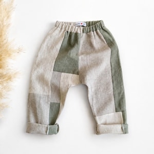 Pantalones de lino para niños, pantalones bohemios con retazos, ropa de cero residuos, pantalones para bebés hechos a mano, conjunto holgado de lino natural.