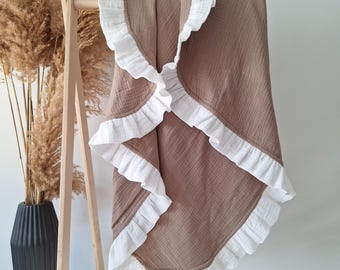 Muslin Baby Blanket, Double Gauze Organic Cotton Swaddle, Handmade 4 Layer Ruffle Blanket, Soft Newborn Blanket