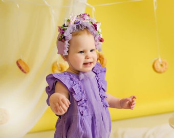 Purple romper Newborn outfit Smash cake baby girl overall Organic muslin clothing cotton jumpsuit double gauze clothes, baby photo shoot.