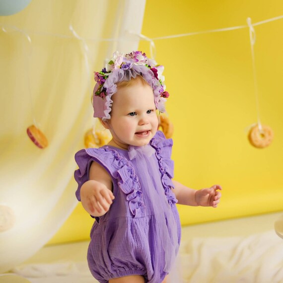 Purple Romper Newborn Outfit Smash Cake Baby Girl Overall Organic Muslin Clothing Cotton Jumpsuit Double Gauze Clothes Baby Photo Shoot. Etsy UK
