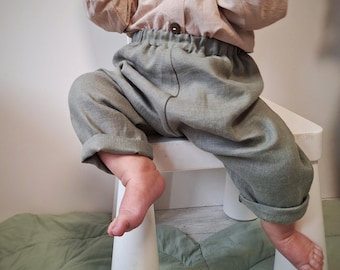 Pantalones unisex de lino para niños pequeños, pantalones de verano para bebés, ropa para niños pequeños verde salvia, pantalones harén neutros