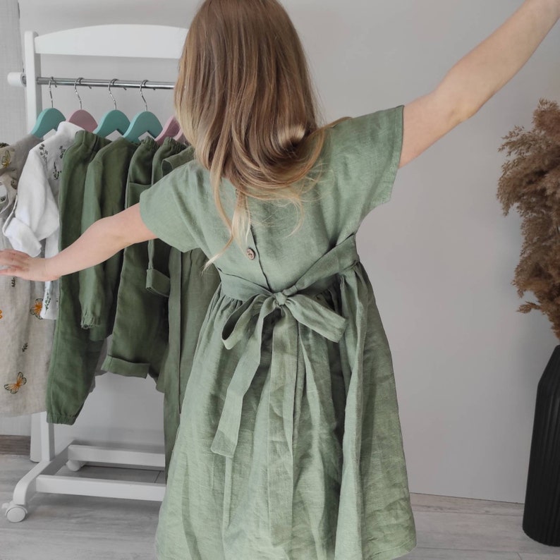 Boho Flower Girl Dresses, Sage Green Party Dress, Organic Washed Linen