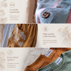 Puede incluir: Un collage que muestra detalles de ropa: una prenda azul con un bot&oacute;n marr&oacute;n en forma de casa, pantalones color mostaza con un bolsillo con estampado de hojas blancas, y prendas mostaza y verdes con etiquetas Irynka UA y costuras.
