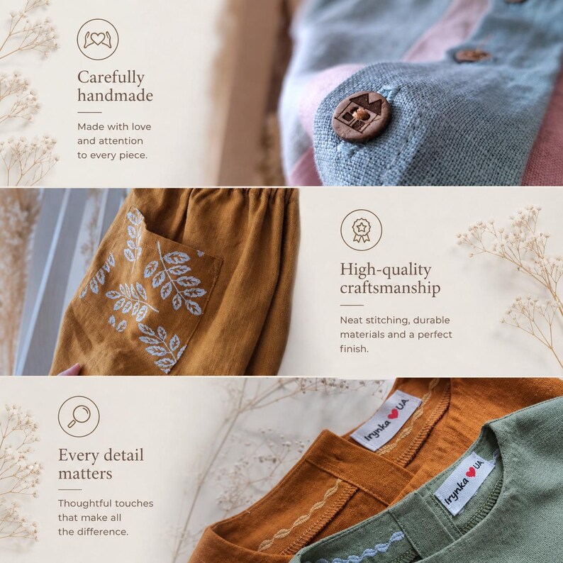 Puede incluir: Un collage que muestra detalles de ropa: una prenda azul con un bot&oacute;n marr&oacute;n en forma de casa, pantalones color mostaza con un bolsillo con estampado de hojas blancas, y prendas mostaza y verdes con etiquetas Irynka UA y costuras.