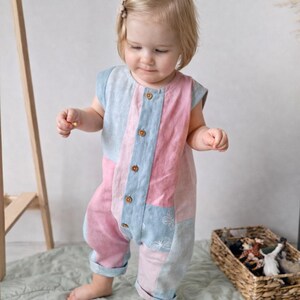 Handmade Linen Patchwork Romper, Sleeveless Minimal Jumpsuit, Eco Friendly Zero Waste Clothing, Unique Linen Outfit 12-18 months IN STOCK