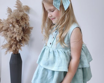 First birthday girl dress Dusty blue linen baby dresses, flower girl wedding outfit, boho clothing, ruffled linen dress flounces, toddler.