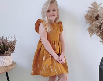 Linen girls dress, organic washed linen baby dress, mustard toddler kids dress, cottagecore floral hand-painted print, 100% natural print