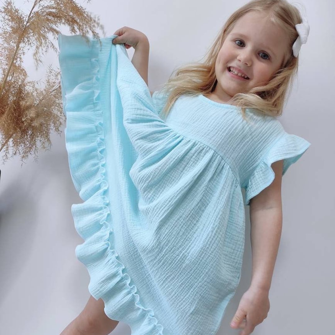 Vestido de bebe de algodon vestidos de nino azul ropa de nina de gasa doble organica ropa de verano de muselina nina de flores de boda azul largo Etsy Mexico