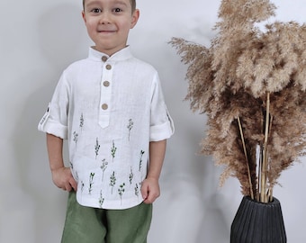 Ring bearer linen shirt, unique boy clothing with hand print, classy white linen shirt Weding kids clothing fotmall toddler boy outfit.