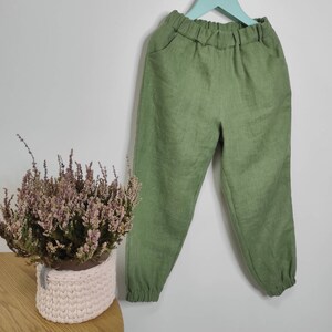 Kids linen pants, organic washed linen pants. Soft linen joggers, Harem pants, Unisex summer pants, Beach pants. Sage green linen joggers image 2