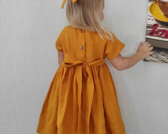 Flower girl Mustard Linen Baby Dress, Girls linen dress, Boho Baby Dress, toddler thanksgiving dress Flower girl linen dress