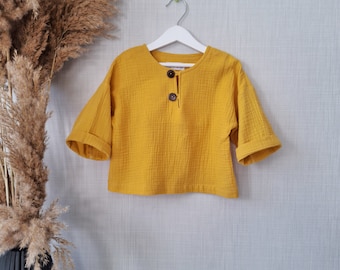 Boho baby shirt Kids mustard cotton clothing Organic double gauze long sleeve shirt for boys Gender neutral baby clothes Yellow girls blouse