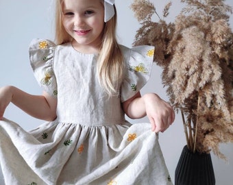Rustic linen girls dress, custom organic baby dress, homespun canvas toddler dress, unique handmade hand-painted print, eco friendly gift
