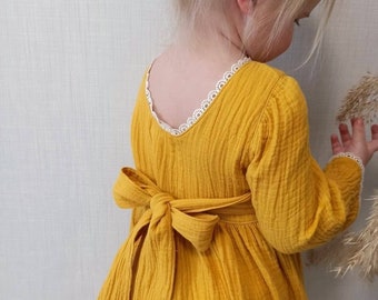Organic baby clothes, Mustard muslin dress, yellow double gauze kids  dress. Wedding kids clothing. Flower girl toddler dresses with bow