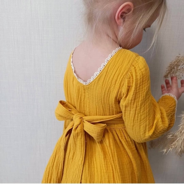 Old Tiralahilacha Kids Reversible Muslin Dress Mustard main image 1