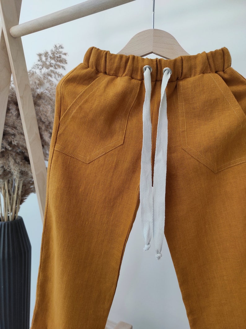 Boho linen pants Mustard pants with pockets Baggy toddler trousers Organic kids clothes Gender neutral baby clothing Sustainable clothes image 8