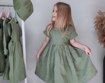 First birthday linen baby dress, boho flower girl dresses, Sage green party dress, casual organic linen kids clothing, mustard toddler dress