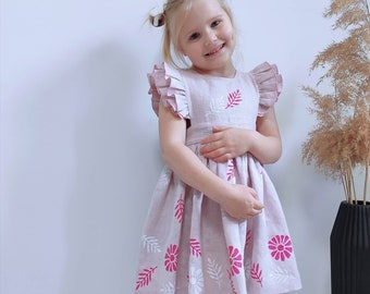 Birthday girl dress, Pink baby dresses, Kids wedding outfit ruffles linen toddler dress, Dusty rose hand - painted clothing, Unique clothes