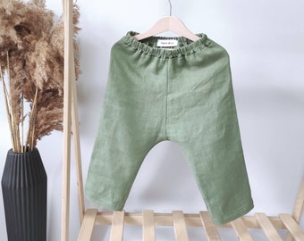 Linen baby clothes Kids joggers, Toddler sage green summer trousers, organic boho style, casual harem pants, Handmade outfit, baggy pants.