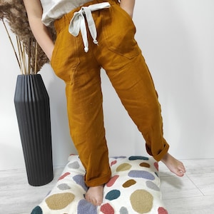 Boho linen pants Mustard pants with pockets Baggy toddler trousers Organic kids clothes Gender neutral baby clothing Sustainable clothes image 1