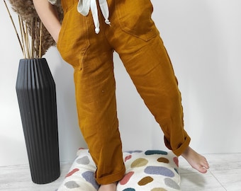 Boho linen pants Mustard pants with pockets Baggy toddler trousers Organic kids clothes Gender neutral baby clothing Sustainable clothes