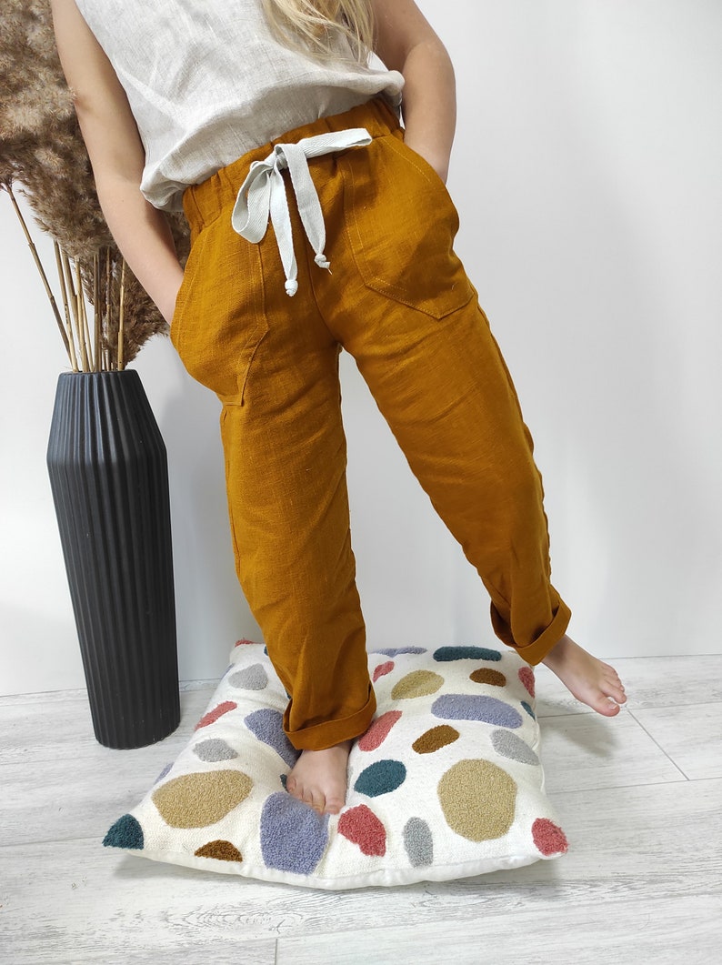 Boho linen pants Mustard pants with pockets Baggy toddler trousers Organic kids clothes Gender neutral baby clothing Sustainable clothes image 1