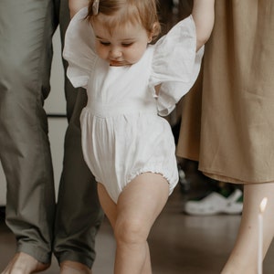 White linen newborn romper Ruffle first birthday girl outfit Newborn organic wear Handmade smash cake overall Sleeveless baby summer wear