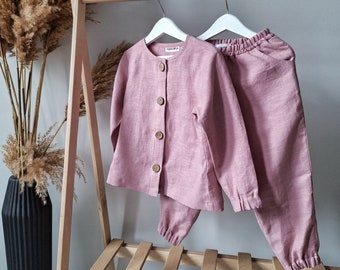 Dusty pink linen baby set shirt and pants, Scandinavian rustic style linen kids clothing. Organic baby clothes, pant and long sleeve shirt.