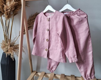 Dusty Pink Linen Baby Set: Rustic Scandinavian Kids Clothing