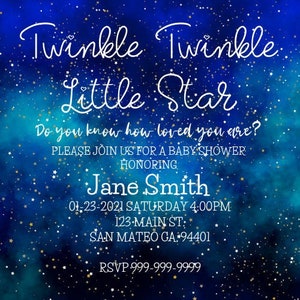 May include: Baby shower invitation with a starry night sky background. The invitation reads "Twinkle Twinkle Little Star" and includes details for Jane Smith's baby shower, including date, time, and location.