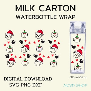Christmas Cat milk carton bottle wrap svg 500 ml/16 oz For Cricut