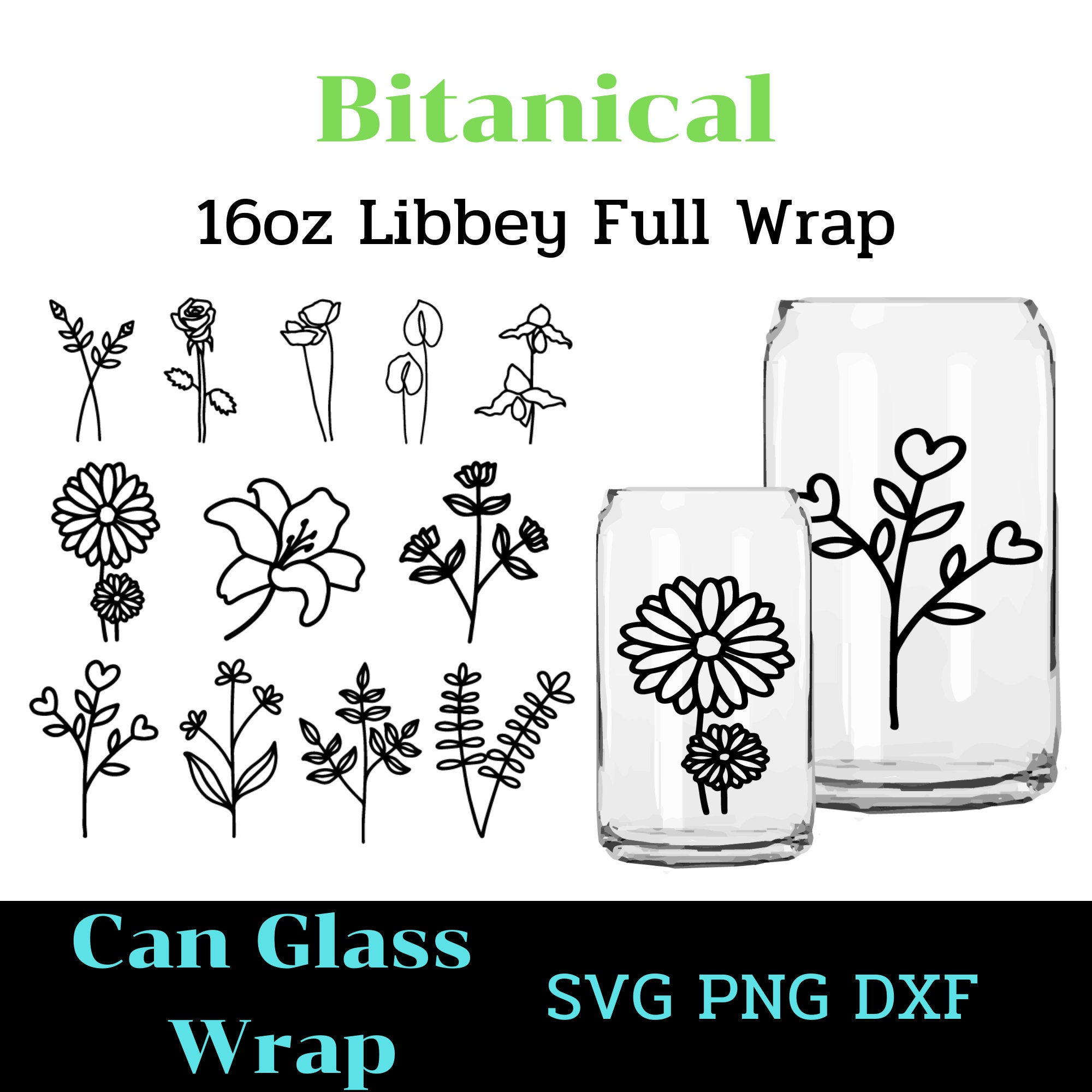 Botanical can glass Wrap Svg 16oz Full Wrap Coffee Can Glass | Etsy