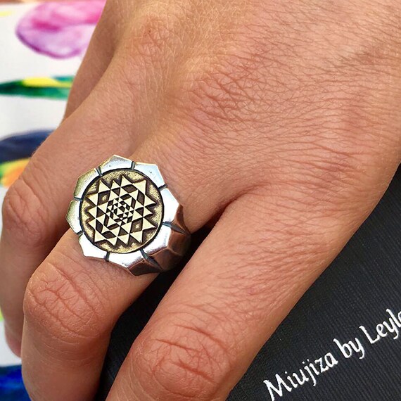 Sri Yantra Ring Lotus Flower Ring Meditation Ring Fortune Charm Material Wealth Mantra Tantra Jewelry for Woman Sacred Geometry Ring Etsy