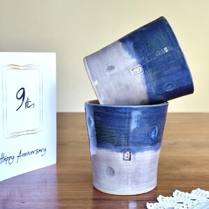9th Wedding Anniversary Traditional Pottery Gift in Blue. Handmade mug, tumbler, unique gift for the wife or husband.