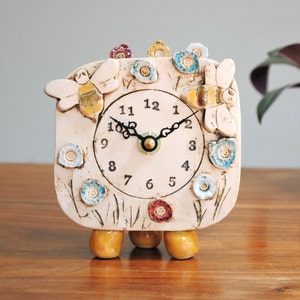 Bumble Bees & blossoms analogue clock. A ceramic handmade gift, unusual and unique. Small, quirky mantelpiece for kids&#39; room.