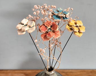 Ceramic Hydrangea  Bouquet Flower On Stems. Colourful Handmade Home Decor Pottery.
