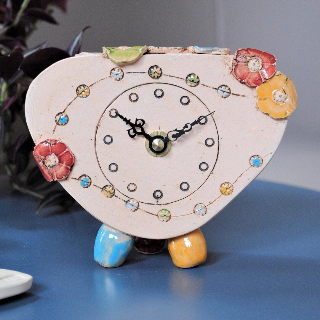 Handmade Ceramic Clock With Flower Blossoms Decorated With Vibrant ...