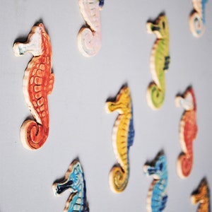 Seahorse art tiles. Quirky nautical wall decor for bathroom or coastal seaside. Handmade ceramic.