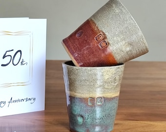 Pottery 50th Birthday, Weddin Anniversary mug, handmade tumbler, unique gift for him or her.