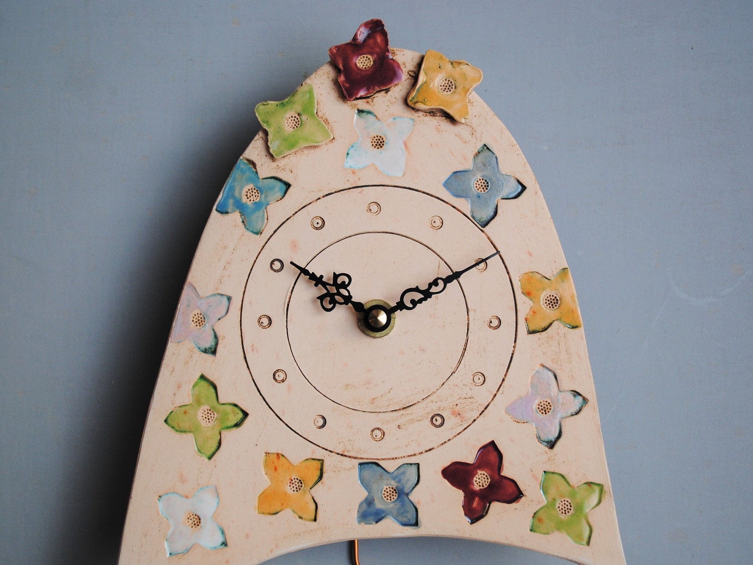 Wall clock with flower design. Bright coloured flowers wall Etsy
