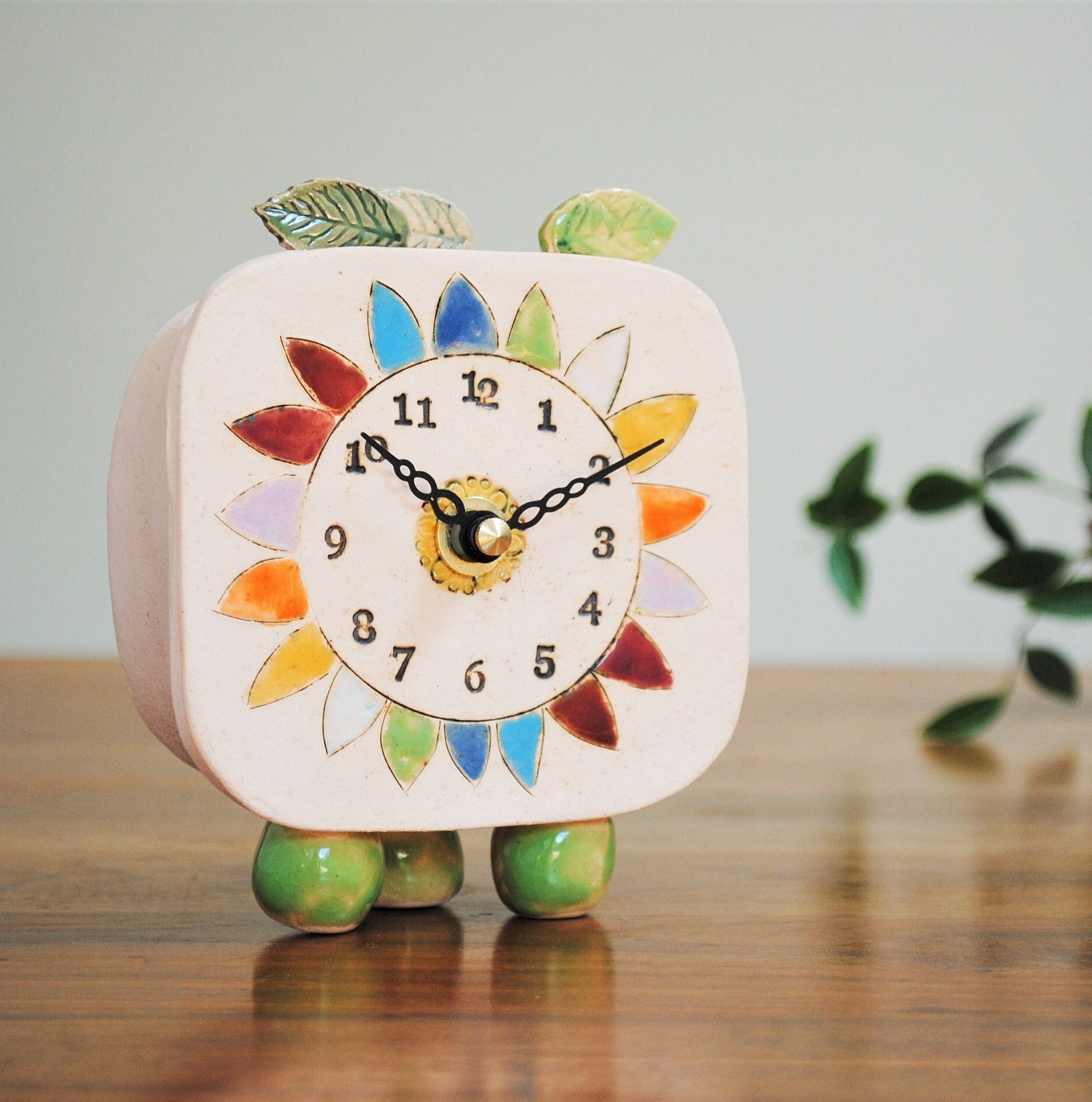 Small Handmade Analogue Clock With Daisy and Colorful Petals. Unusual