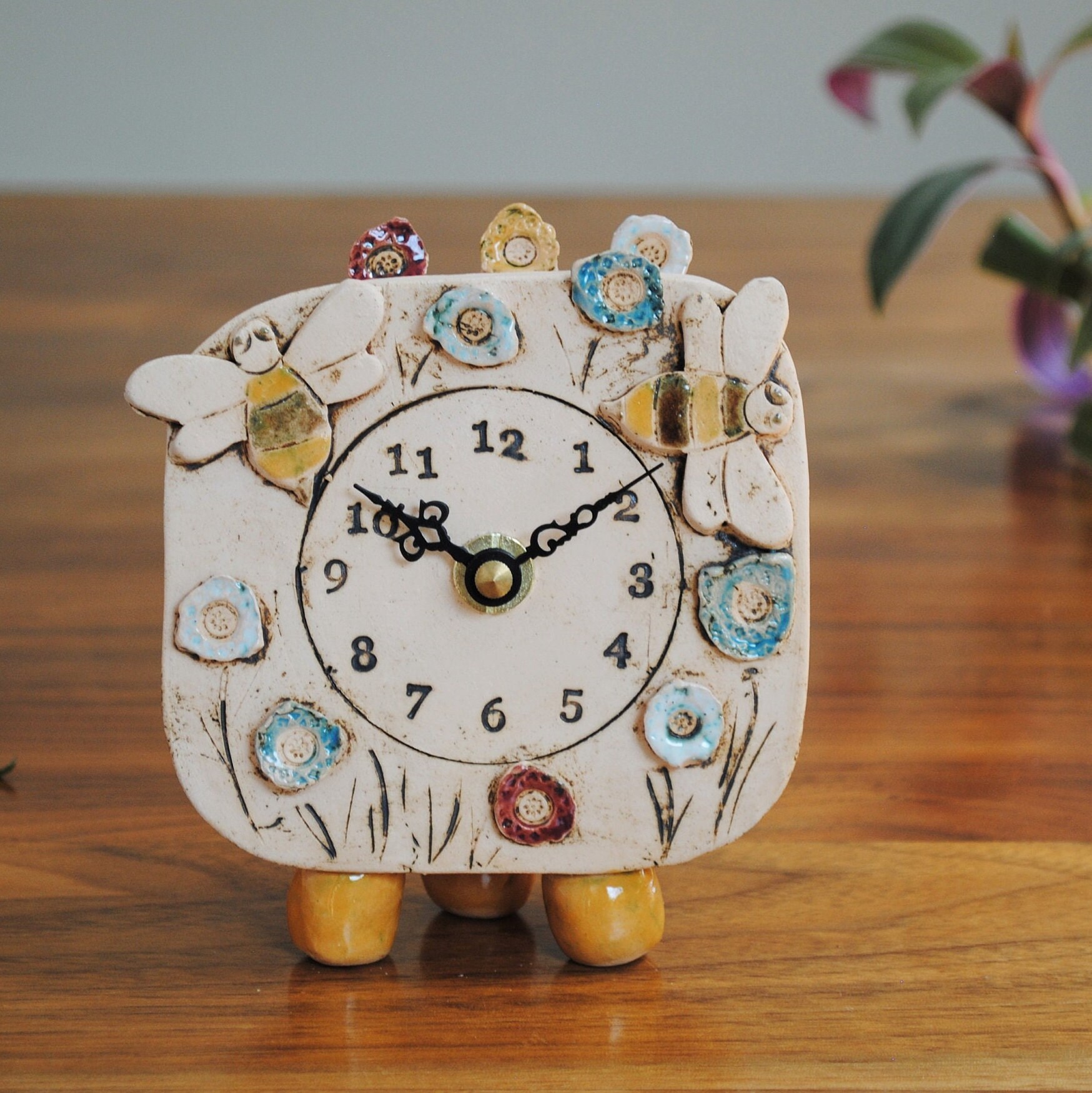 Bumble Bees & Blossoms Analogue Clock. A Ceramic Handmade Gift, Unusual