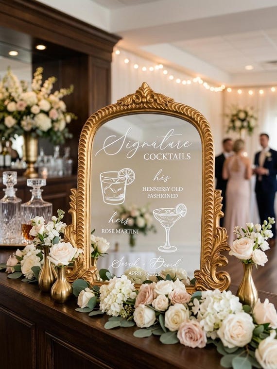 Personalized Vintage Mirror Bar Sign, Wedding Signature Cocktail Sign, His & Hers Drinks, Wedding Bar Menu