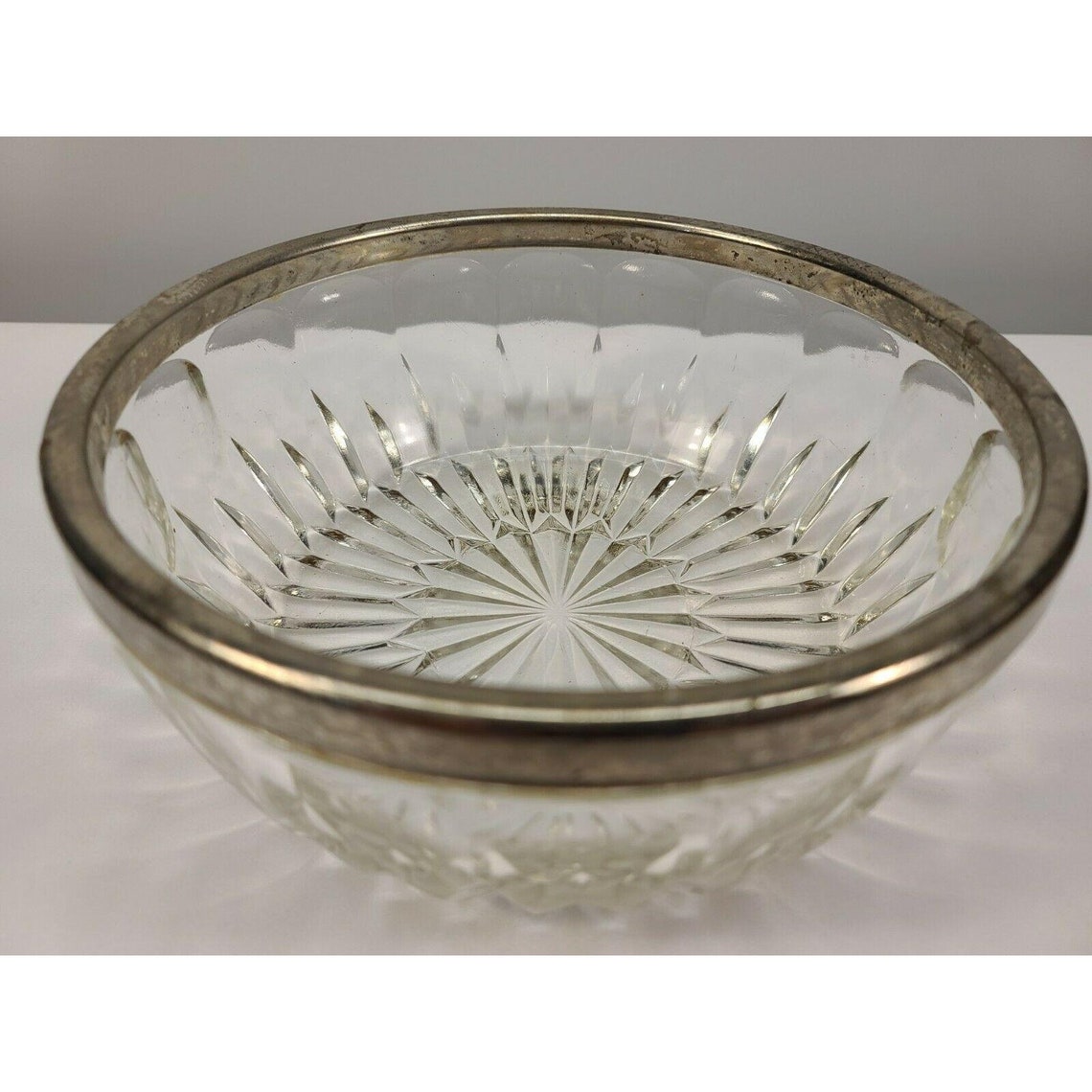 Vintage Large Glass Serving Bowl With Metal Rim Etsy
