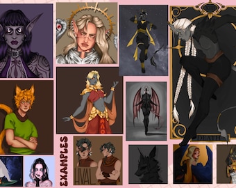 May include: A selection of digital art illustrations showcasing fantasy characters. The artwork includes portraits of elves, demons, and other mythical beings. The colour palette ranges from dark purples and blacks to vibrant golds and reds. The word "EXAMPLES" is written in white text.