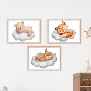 Poster Kinderzimmer Bär Wolke Kinderbild Wandbild Babyzimmer 3er Set Bilder Wolke mit Bär Reh Fuchs Geschenk Boho A4 A3