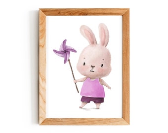 Poster rabbit children's room mural bunny baby room animals picture bunny with pinwheel girl A4 A3